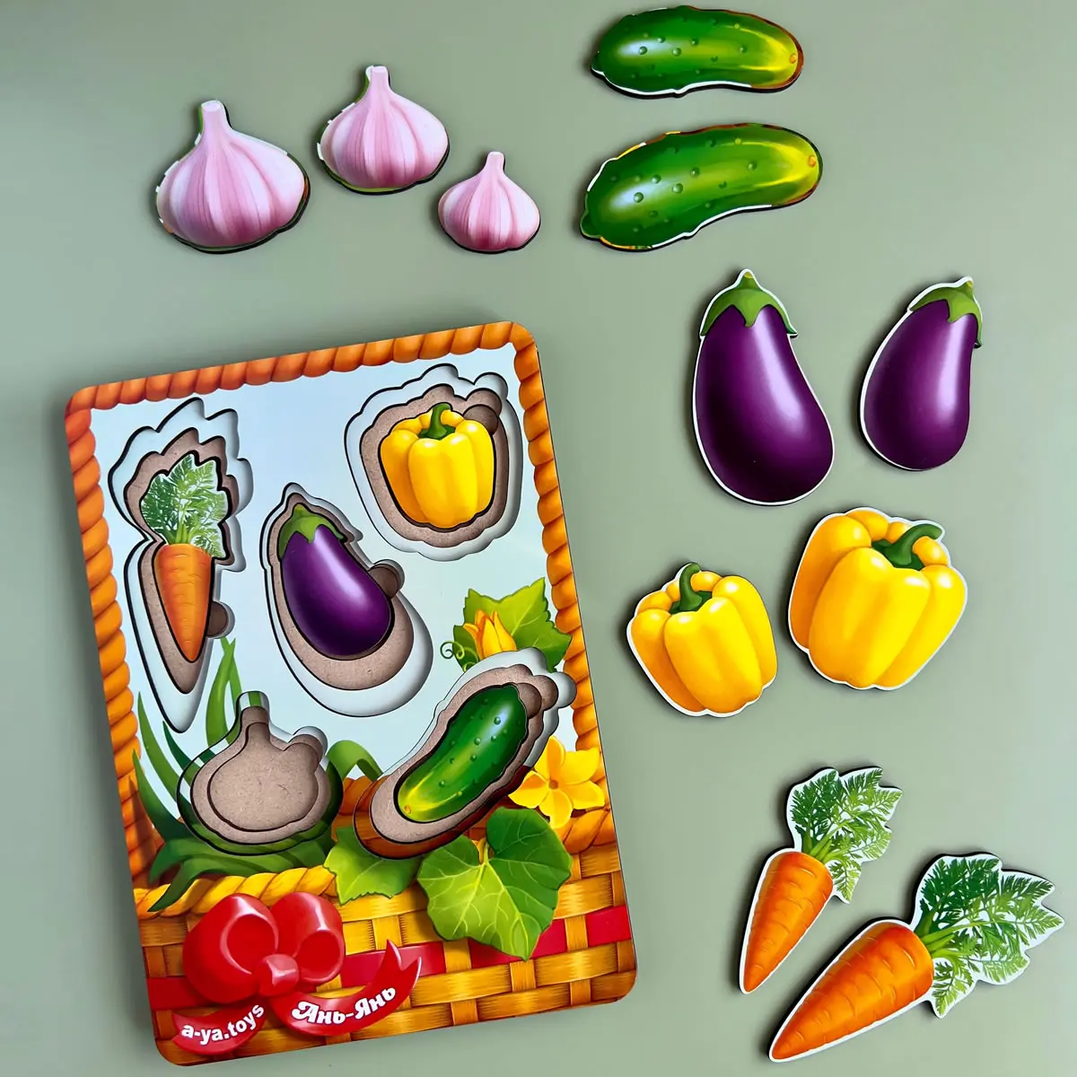Дерев'яні пазли-вкладки більше чи менше "Кошик з овочами - 1"