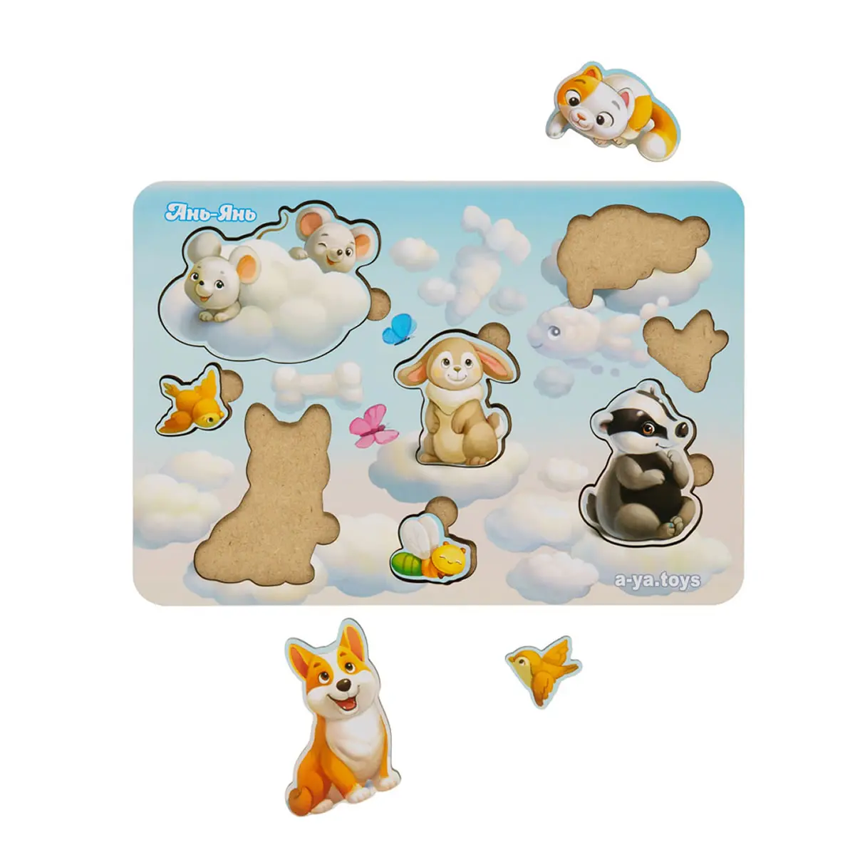 Маленька дерев'яна вкладка "Звірі на хмарах - 1" (Дерев'яні пазли для дітей)