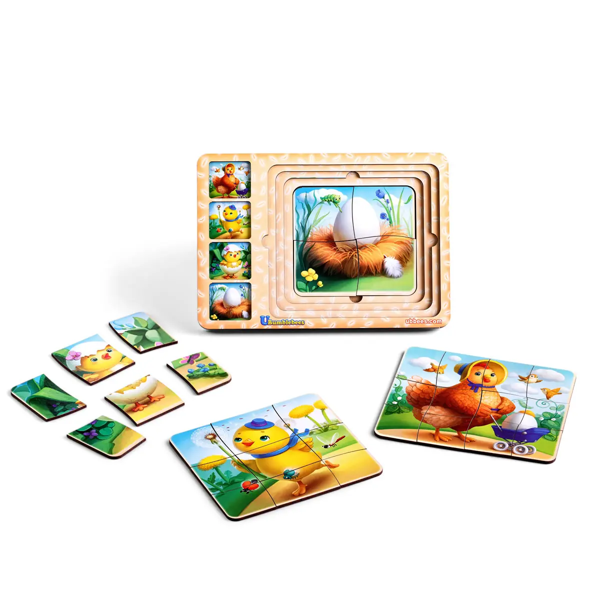 Дерев'яна вкладка-сортер "Етапи розвитку курочки". (Розвиваючі ігри для дітей)