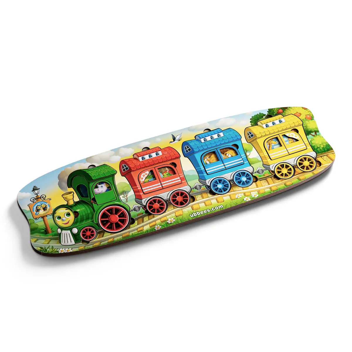 Дерев'яна вкладка-сортер (пазл) "Веселий потяг – 3 вагони" Розвиваюча гра для малят