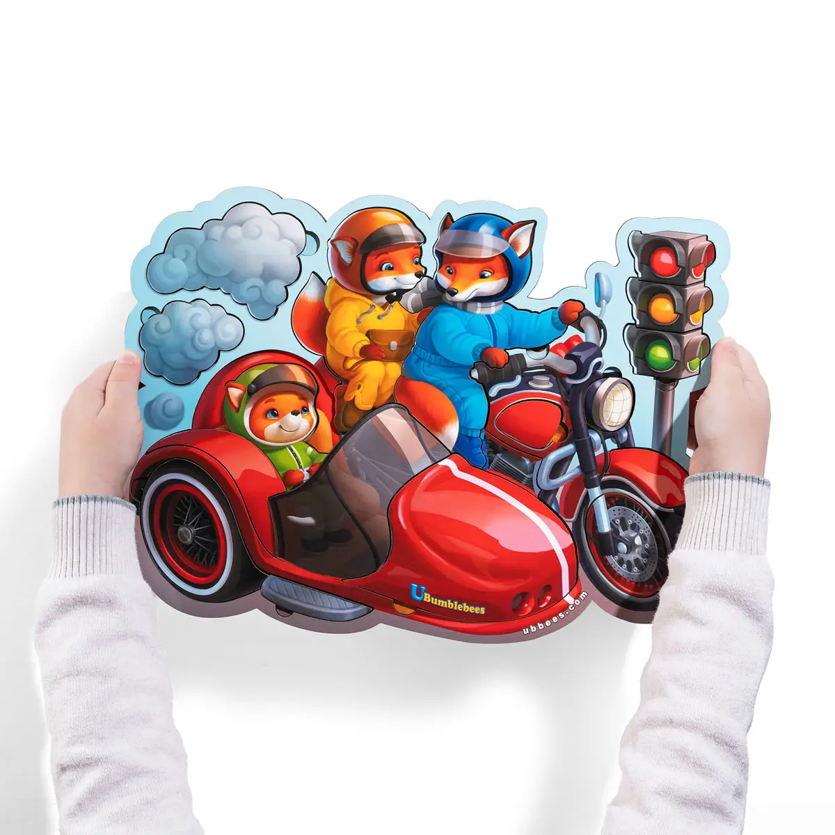 Дерев'яний пазл "Лисенята на мотоциклі". Рамка-вкладка, дитяча грашка