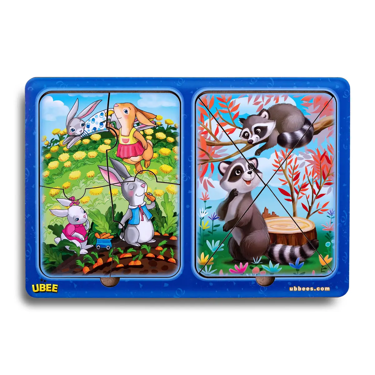 Дерев'яні пазли в рамці "Зайчики та єнотики" (Пазли вкладиши для гри з малятами)
